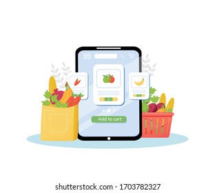 Greengrocery online ordering flat concept vector illustration. Vegetables and fruits store, fresh organic produce delivery service. Internet grocery mobile application creative idea