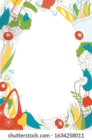Greengrocery purchases empty frame handdrawn vector illustration. Veggies in recyclable bags flat color border. Fresh fruits and vegetables, organic products in eco friendly bags on white background