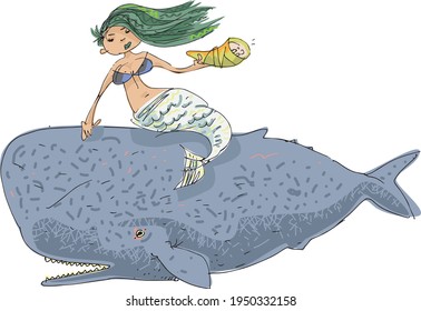 Green-haired mermaid on a whale back. Sketching. Cartoon. Caricature.