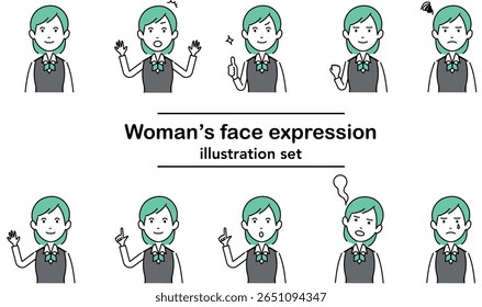 Ilustração de personagem de mulher de escritório de cabelos verdes com expressões faciais e gestos com as mãos em estilo vetorial