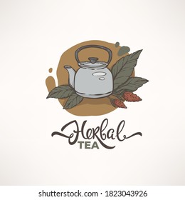 Green,herbal, organic tea, vector logo template design in naive sketch style