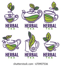 Green,herbal, organic tea, vector logo template design in doodle style cups, mugs and teapots