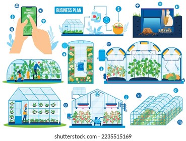 Greenhouse agriculture technology vector illustration set, cartoon flat farm tunnel greenhouses with farmers and robot equipment