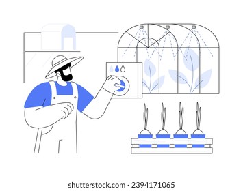 Greenhouse automation abstract concept vector illustration. Farmer turns on automatic watering in greenhouse, modern agriculture, smart farming, computing in agribusiness abstract metaphor.