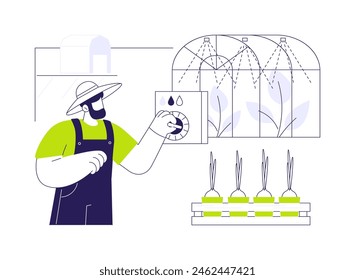 Ilustración vectorial de concepto abstracto de automatización de invernaderos. El agricultor enciende el riego automático en invernadero, agricultura moderna, agricultura inteligente, computación en la metáfora abstracta de la agroindustria.