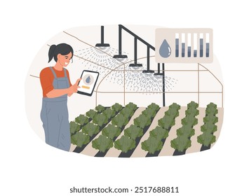 Ilustrações isoladas de vetor de desenhos animados com automação de estufas. Agricultor ativa a rega automática em estufa, agricultura moderna, agricultura inteligente, computação em desenhos vetoriais do agronegócio.