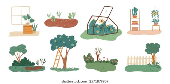 Greenhouse with blooming flowers, flowers in pots at home. Vector in flat style, isolated set of empty sceneries for gardeners and farmers. Soil with vegetable and fruits growing, eco lifestyle