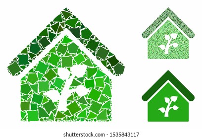 Greenhouse building composition of tremulant pieces in variable sizes and color tones, based on greenhouse building icon. Vector tuberous dots are organized into collage.