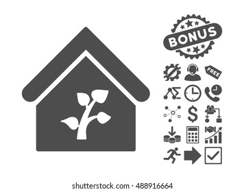 Greenhouse Building icon with bonus images. Vector illustration style is flat iconic symbols, gray color, white background.