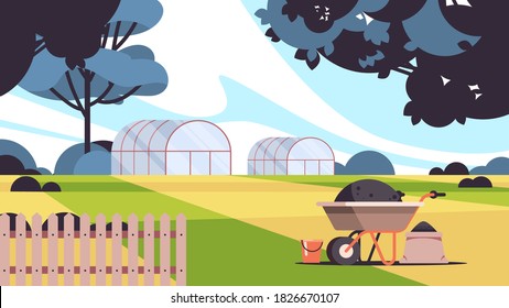 greenhouse building organic eco farming agriculture concept rural farmland countryside landscape horizontal vector illustration