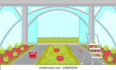 Greenhouse Building Process Vector Illustration. Cartoon Hothouse Construction. Ladder, Professional Work Tools, Instruments. Foliage Plants Indoors Cultivation. Repairman, Handyman, Builder Service