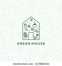 Greenhouse building with vegetables linear vector illustration, urban modern farming hipster logo icon sign symbol design concept 