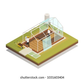 Greenhouse cable-supported facility construction process isometric composition with 2 workers installing glass panels vector illustration