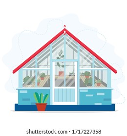 Greenhouse cartoon vector stock illustration with different plants inside in flat style. Glass house or botanical garden isolated on white background. Concept of home gardening.