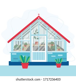 Greenhouse cartoon vector stock illustration with different plants inside in flat style. Glass house or botanical garden isolated on white background. Concept of home gardening.