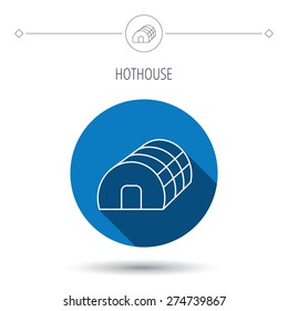 Greenhouse complex icon. Hothouse building sign. Warm house symbol. Blue flat circle button. Linear icon with shadow. Vector