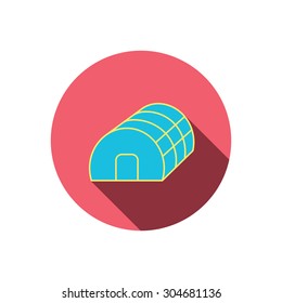 Greenhouse complex icon. Hothouse building sign. Warm house symbol. Red flat circle button. Linear icon with shadow. Vector