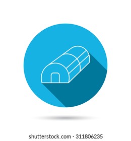 Greenhouse complex icon. Hothouse building sign. Warm house symbol. Blue flat circle button with shadow. Vector