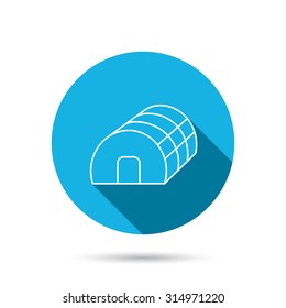 Greenhouse complex icon. Hothouse building sign. Warm house symbol. Blue flat circle button with shadow. Vector