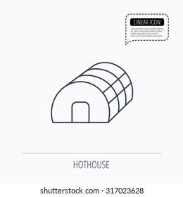 Greenhouse complex icon. Hothouse building sign. Warm house symbol. Linear outline icon. Speech bubble of dotted line. Vector