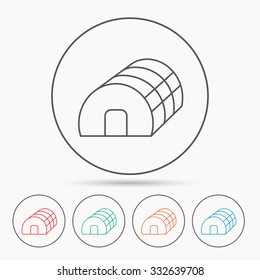Greenhouse complex icon. Hothouse building sign. Warm house symbol. Linear circle icons.