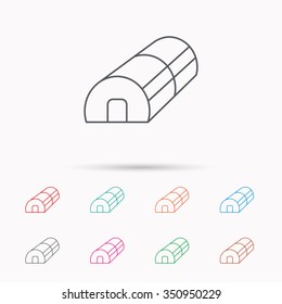 Greenhouse complex icon. Hothouse building sign. Warm house symbol. Linear icons on white background.