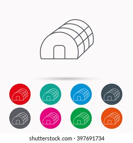Greenhouse complex icon. Hothouse building sign. Warm house symbol. Linear icons in circles on white background.