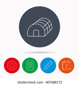 Greenhouse complex icon. Hothouse building sign. Warm house symbol. Calendar, cogwheel, document file and pencil icons.