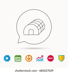 Greenhouse complex icon. Hothouse building sign. Warm house symbol. Calendar, Graph chart and Cogwheel signs. Download and Shield web icons. Vector