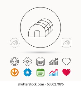 Greenhouse complex icon. Hothouse building sign. Warm house symbol. Calendar, Graph chart and Cogwheel signs. Download and Heart love linear web icons. Vector