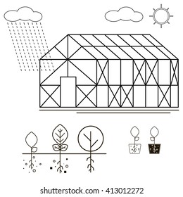 Greenhouse complex. Place in which plants are grown. Planting Icons. Linear style.