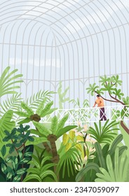 Greenhouse, conservatory with foliage plant. Botanical garden, park with leaf vegetations. Person enjoying nature in glasshouse, orangery with glass transparent roof. Flat vector illustration svg