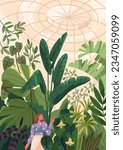 Greenhouse, conservatory. Woman walking in botanical garden, park among green plants under dome roof. Person and nature in glasshouse, orangery with growing leaf vegetations. Flat vector illustration