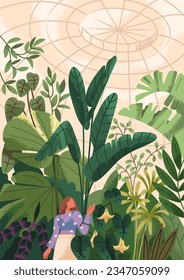 Greenhouse, conservatory. Woman walking in botanical garden, park among green plants under dome roof. Person and nature in glasshouse, orangery with growing leaf vegetations. Flat vector illustration svg