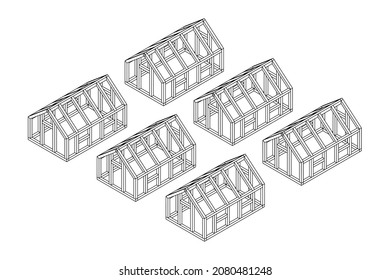 Greenhouse construction frame. Hothouse building object or framing house. Warm house Vector illustration. Glasshouse concept image