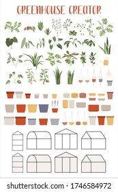 Greenhouse Creator. Big set with house plants and pots. Concept of botanical garden, home gardening. Hand drawn vector illustration in flat cartoon style. Perfect for poster, sticker, print, card. 