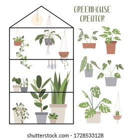 Greenhouse Creator. Set with house plants and pots. Concept of botanical garden, home gardening. Hand drawn vector illustration in flat cartoon style. Perfect for poster, sticker, print, card. 