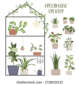 Greenhouse Creator. Set with house plants and pots. Concept of botanical garden, home gardening. Hand drawn vector illustration in flat cartoon style. Perfect for poster, sticker, print, card. 