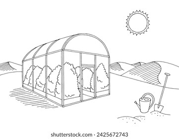 Greenhouse in desert graphic black white landscape sketch illustration vector