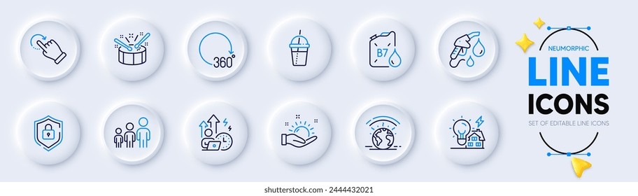 Iconos de línea de gestos de Invernadero, Diesel y Rotación para App de Web. Paquete de 360 grados, Clima soleado, iconos de pictograma de tambores. Gasolinera, Estrés difícil, Señales de escudo. Vector