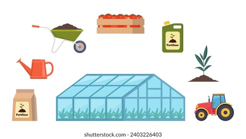 Greenhouse and different farm elements. Fertilizers, tractor, cart, watering can. Set of icons on farm theme. Vector illustration