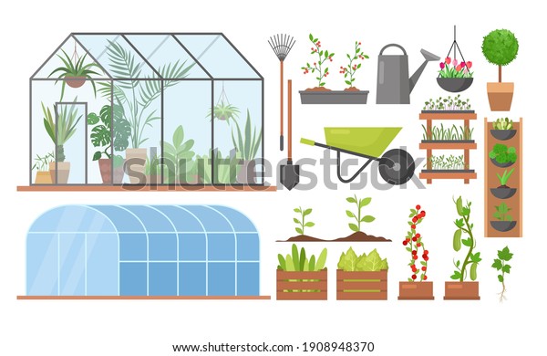 Greenhouse eco farm agriculture vector\
illustration set. Cartoon glass green house garden equipment or\
plants collection, wooden boxes with herbs, vegetables,\
agricultural technology isolated on white\
background