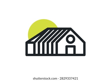 Greenhouse eco solar barn real estate logo template. Vector illustration of black outline barn greenhouse warehouse with lime green sun background circle, smart eco agriculture emblem, solar power farm symbol, industrial storage facility icon, and barnhouse realty badge isolated on white background.