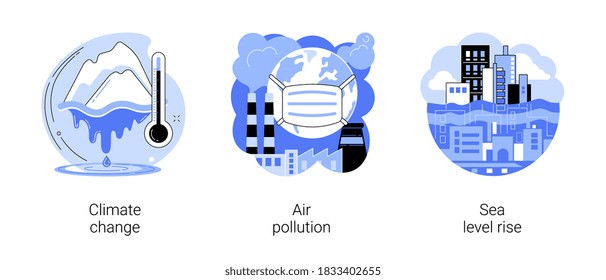 Greenhouse effect abstract concept vector illustration set. Climate change, air pollution, sea level rise, urban smog, global warming, melting ice, world ocean, factories pollution abstract metaphor.