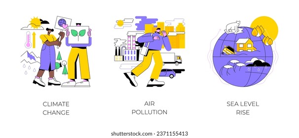 Conjunto de ilustraciones vectoriales de concepto abstracto de efecto invernadero. El cambio climático, la contaminación del aire, el aumento del nivel del mar, el smog urbano, el calentamiento global, el hielo que se derrite, los océanos del mundo, la contaminación de las fábricas y la metáfora abstracta.