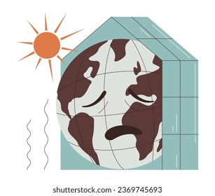 Greenhouse effect. Climate change and ecological crisis. Pollution and CO2 emission affect on Earth. The planet with sad face in a transparent glasshouse. Flat vector illustration