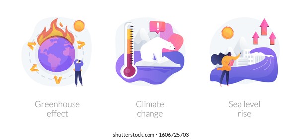 Greenhouse effect, climate change, sea level rise. Global warming effect. Ultraviolet radiation, food contamination, acid rain metaphors. Vector isolated concept metaphor illustrations.