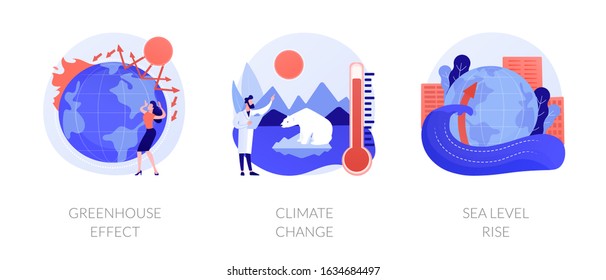 Greenhouse effect, climate change, sea level rise. Global warming effect. Ultraviolet radiation, food contamination, acid rain metaphors. Vector isolated concept metaphor illustrations.