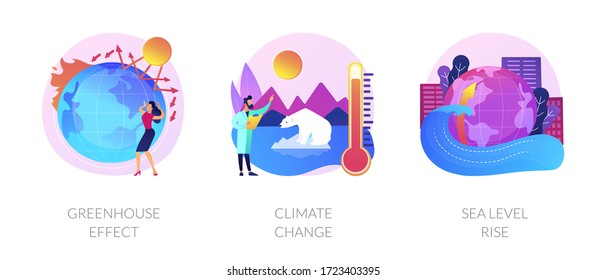 Greenhouse effect, climate change, sea level rise. Global warming effect. Ultraviolet radiation, food contamination, acid rain metaphors. Vector isolated concept metaphor illustrations.