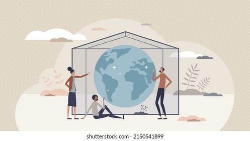 Greenhouse effect as earth gases trap in atmosphere tiny person concept. Nature climate changes and global warming from carbon dioxide emissions vector illustration. Environmental CO2 air damage.